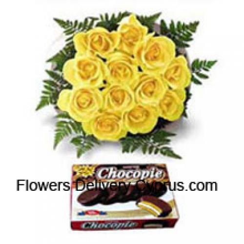 12 Hermosas Rosas Amarillas con Caja de Chocolate