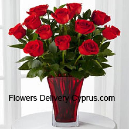 12 Hot Red Roses in Vase