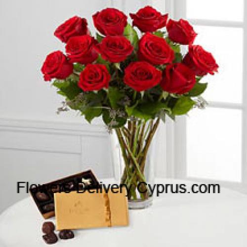 12 Rosas Rojas con deliciosos chocolates Godiva